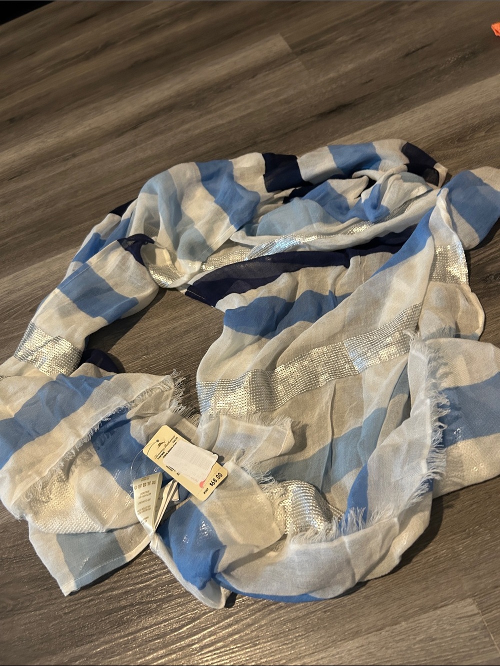 Tommy Bahama Blue and White Striped Scarf with Silver Sequin Detail - Picture 2 of 6